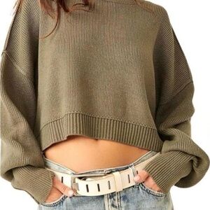 Free People Olive Cropped Ribbed Crewneck Sweater